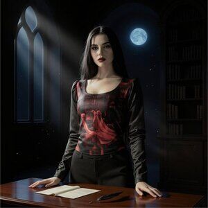 Widow ✦ Devil In Disguise Satin Crop Top ✦ Red/Black Gothic Long Sleeve Fit NWT